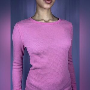 Pink Striped Long Sleeve Waffle Knit Top Womens Size S Glitter SIlver Y2K Glam